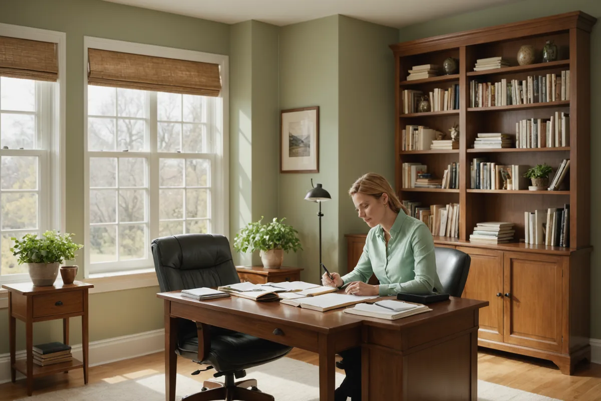 A clinician reviewing patient progress notes in a calm, naturally lit practice space